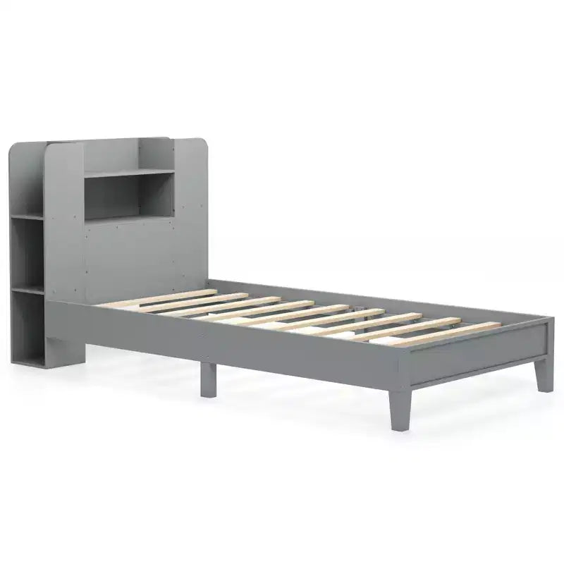 Costway Twin Size Bed Frame Wooden Platform Bed Kids Bed Frame w/ Bookcase Headboard