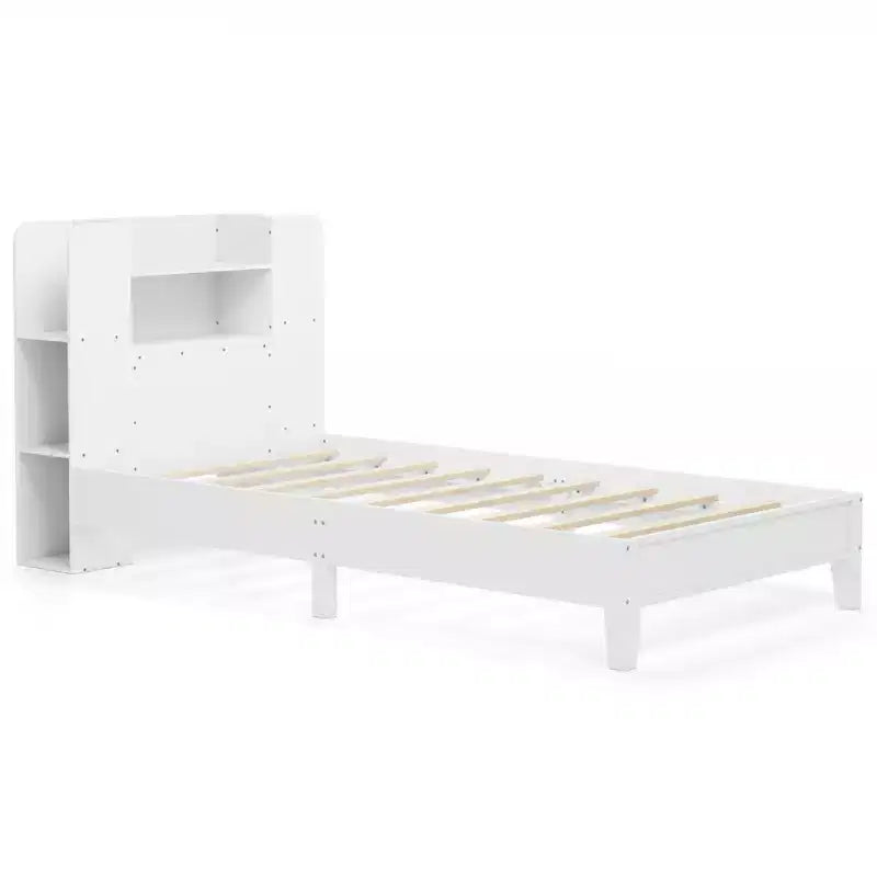 Struttura Letto Singolo con Piattaforma in Legno per Bambini con Testiera a Libreria