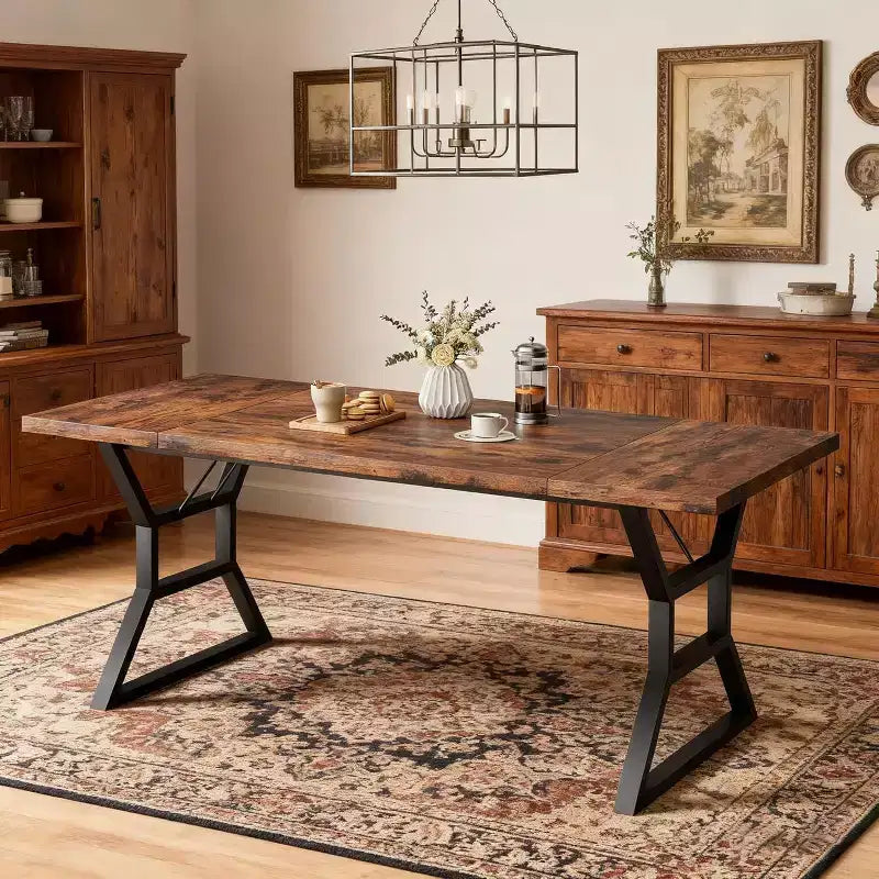 Tavolo da pranzo lungo industriale da 70,9 pollici stile farmhouse per 6-8 persone, piano in legno ingegnerizzato e struttura in ferro, design a intaglio per cucina, sala da pranzo
