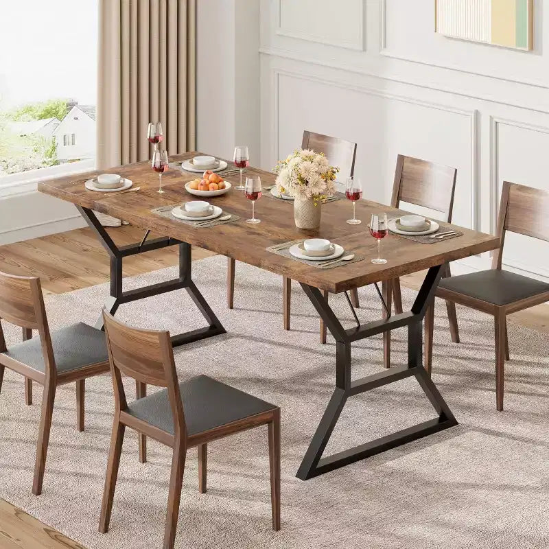 Tavolo da pranzo lungo industriale da 70,9 pollici stile farmhouse per 6-8 persone, piano in legno ingegnerizzato e struttura in ferro, design a intaglio per cucina, sala da pranzo