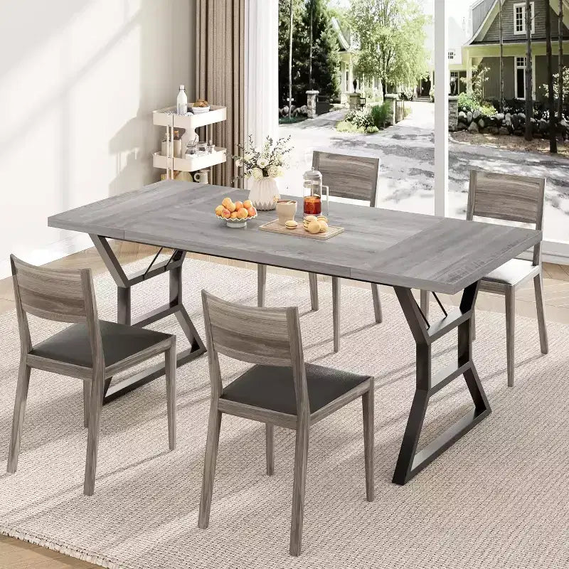 Tavolo da pranzo lungo industriale da 70,9 pollici stile farmhouse per 6-8 persone, piano in legno ingegnerizzato e struttura in ferro, design a intaglio per cucina, sala da pranzo
