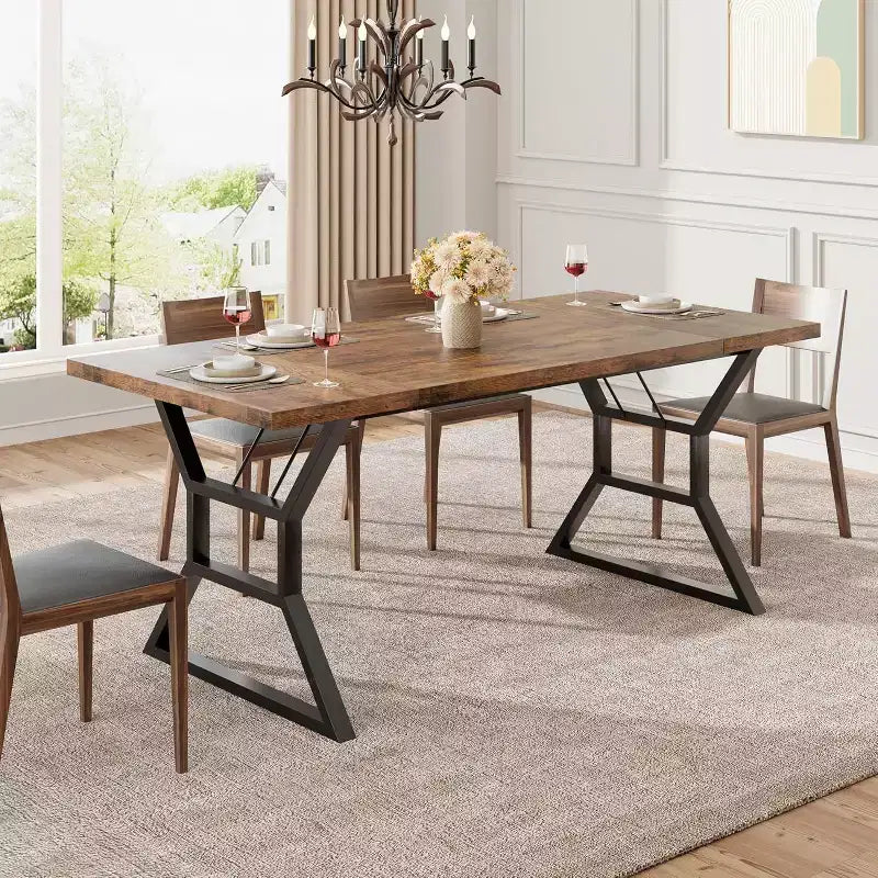 Tavolo da pranzo lungo industriale da 70,9 pollici stile farmhouse per 6-8 persone, piano in legno ingegnerizzato e struttura in ferro, design a intaglio per cucina, sala da pranzo