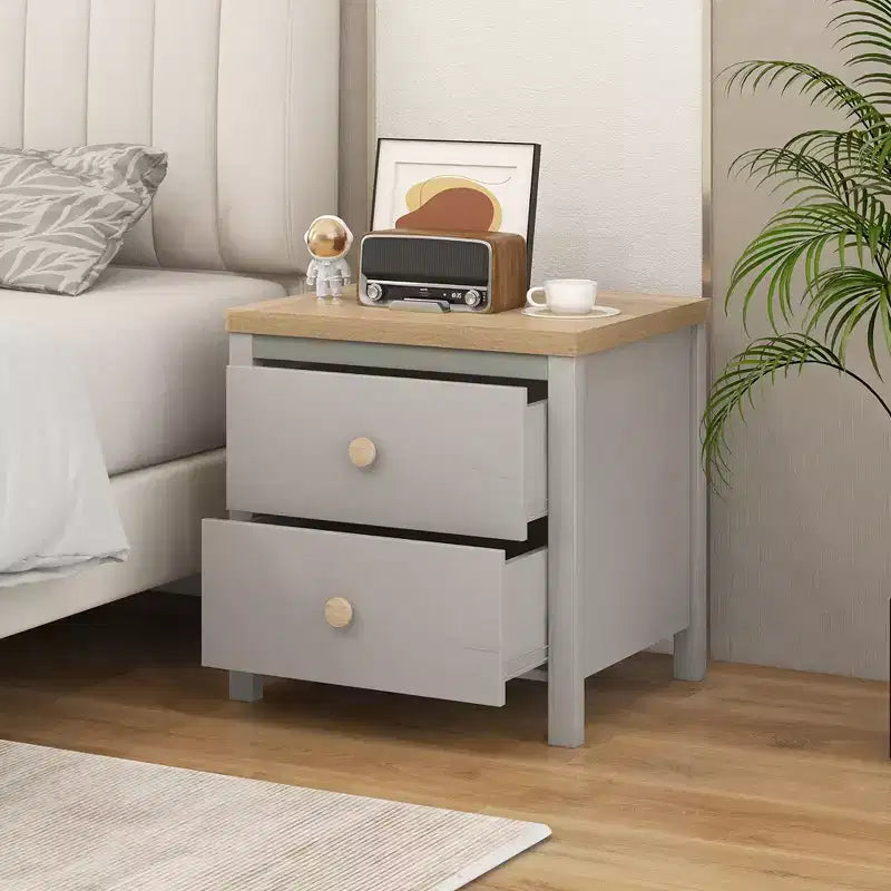 Comodino Fattoria Tavolino Laterale/Finale con Gambe in Legno Massello e 2 Cassetti per Camera da Letto