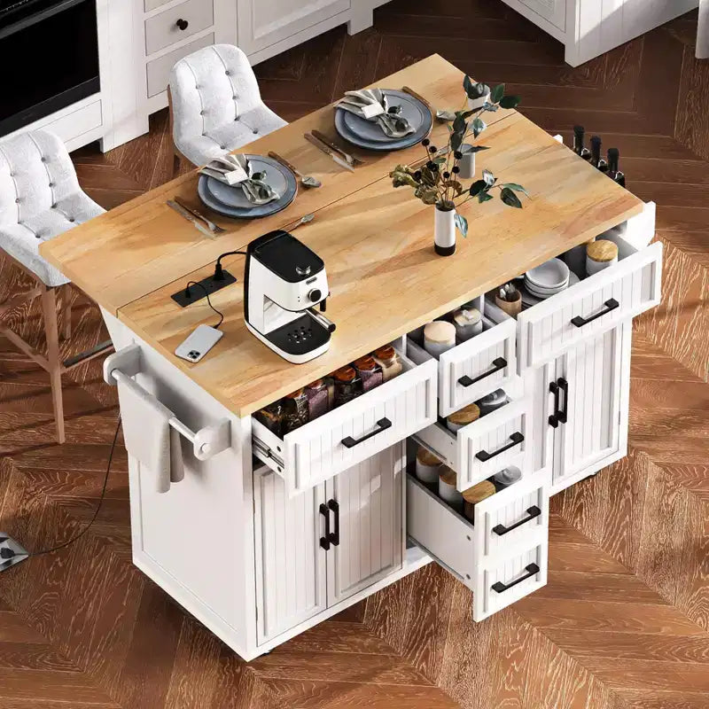 Isola da Cucina con Anta a Ribalta, Carrello da Cucina su Ruote con Ante, Cassetti e Presa di Corrente per Sala da Pranzo