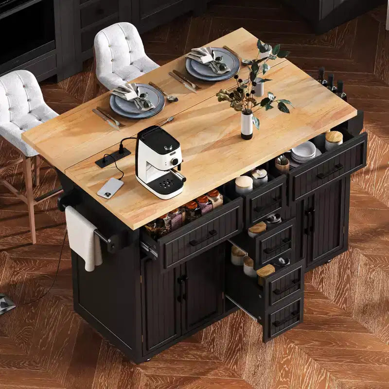 Isola da Cucina con Anta a Ribalta, Carrello da Cucina su Ruote con Ante, Cassetti e Presa di Corrente per Sala da Pranzo
