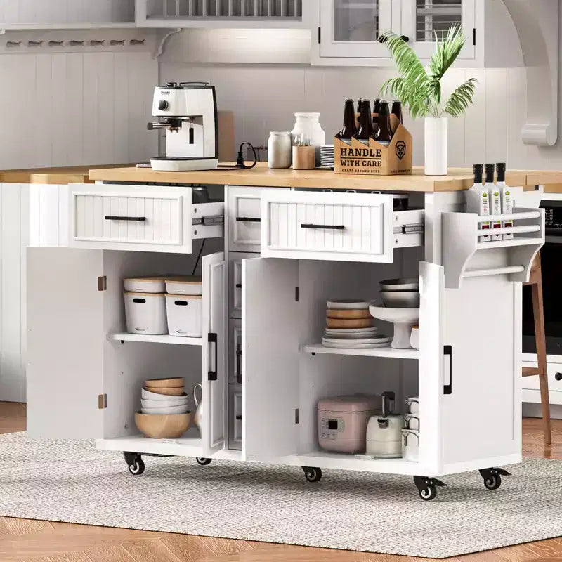 Isola da Cucina con Anta a Ribalta, Carrello da Cucina su Ruote con Ante, Cassetti e Presa di Corrente per Sala da Pranzo