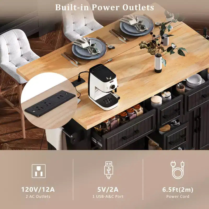 Isola da Cucina con Anta a Ribalta, Carrello da Cucina su Ruote con Ante, Cassetti e Presa di Corrente per Sala da Pranzo