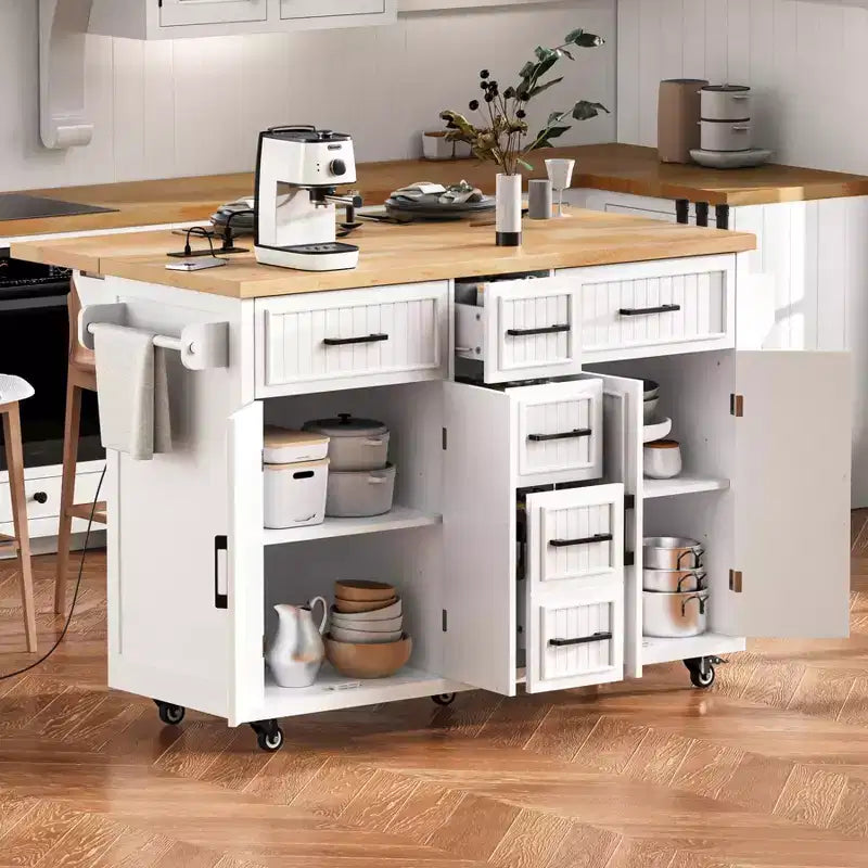 Isola da Cucina con Anta a Ribalta, Carrello da Cucina su Ruote con Ante, Cassetti e Presa di Corrente per Sala da Pranzo