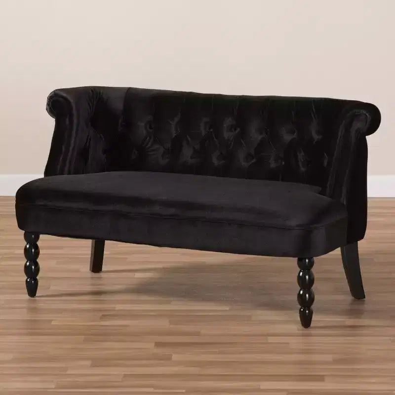 Divanetto a 2 posti in velluto nero stile vittoriano lino: elegante poliestere, design capitonné, struttura in legno