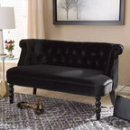 Divanetto a 2 posti in velluto nero stile vittoriano lino: elegante poliestere, design capitonné, struttura in legno