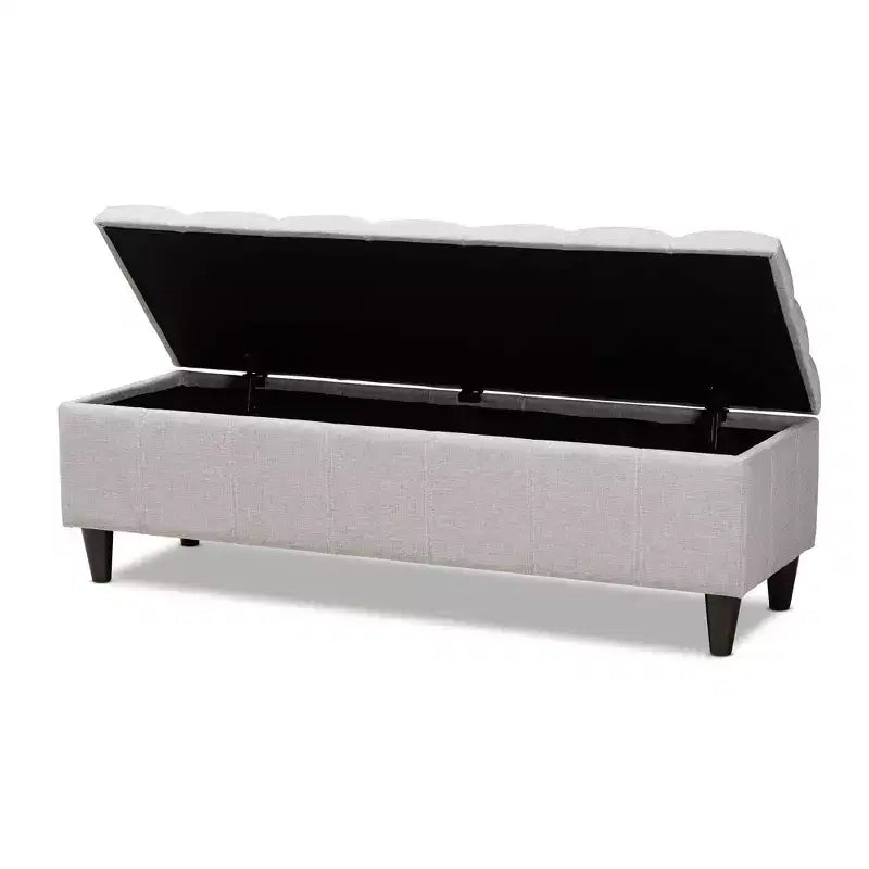 Brette Panca contenitore in legno rifinito ottoman beige grigiastro: Moderno di metà secolo, trapuntato, telaio in legno di gomma, capacità 113 kg