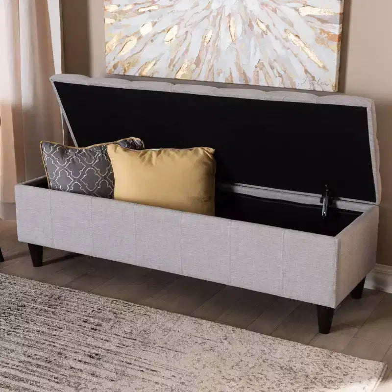 Brette Panca contenitore in legno rifinito ottoman beige grigiastro: Moderno di metà secolo, trapuntato, telaio in legno di gomma, capacità 113 kg