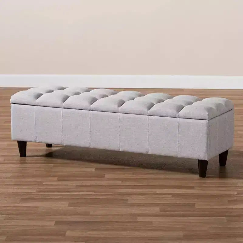 Brette Panca contenitore in legno rifinito ottoman beige grigiastro: Moderno di metà secolo, trapuntato, telaio in legno di gomma, capacità 113 kg