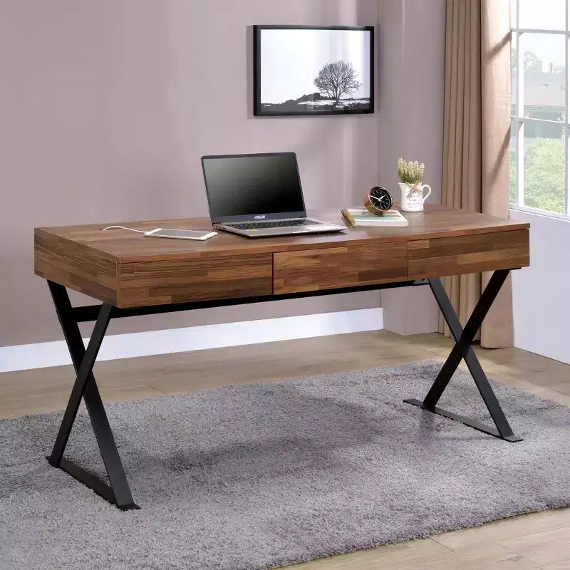 Scrivania per Computer Marganza Beige/Nero: Stile Industriale, Larghezza 150 cm, Struttura in Acciaio, 3 Cassetti, Porte USB